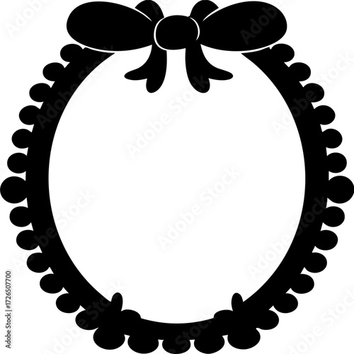 Elegant oval frame with decorative bow at top and scalloped edge design, perfect for adding touch of sophistication to any artwork or photograph