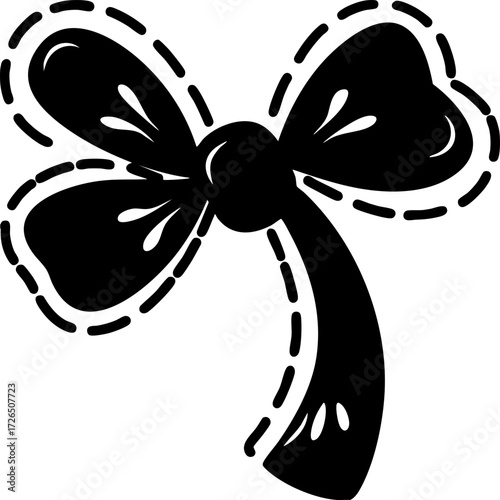 Simple black silhouette of bow with ribbon, featuring dotted outline and decorative details, creating playful and elegant design