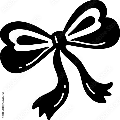 Simple black silhouette of decorative bow with flowing ribbons, often used for gift wrapping or as embellishment in design. bow has classic, elegant shape, adding touch of charm