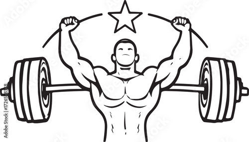 Powerful bodybuilding gym logo with muscular athlete lifting barbell for strength and fitness branding