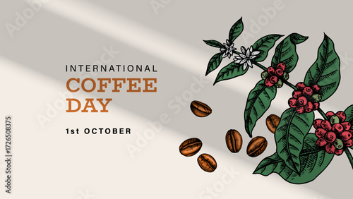 Hand drawn coffee branch and beans background. Cafe menu, bakery branding, packaging design. Vintage sketch vector illustration