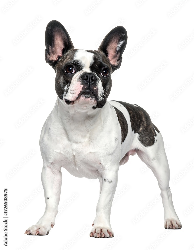 Fototapeta premium A brindle and white French Bulldog stands alert against a white background