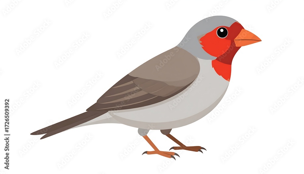 Obraz premium A small bird with grey and brown plumage, a red face, and a small orange beak, stands on a white background