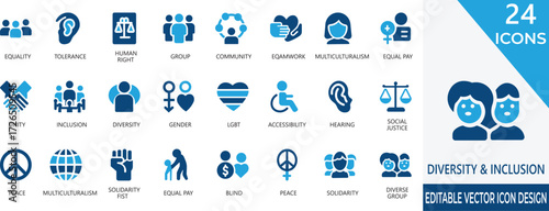A modern vector icon set representing diversity, inclusion, equality, and teamwork concepts. Perfect for apps, websites, presentations, and stock platforms needing inclusive and social visuals.