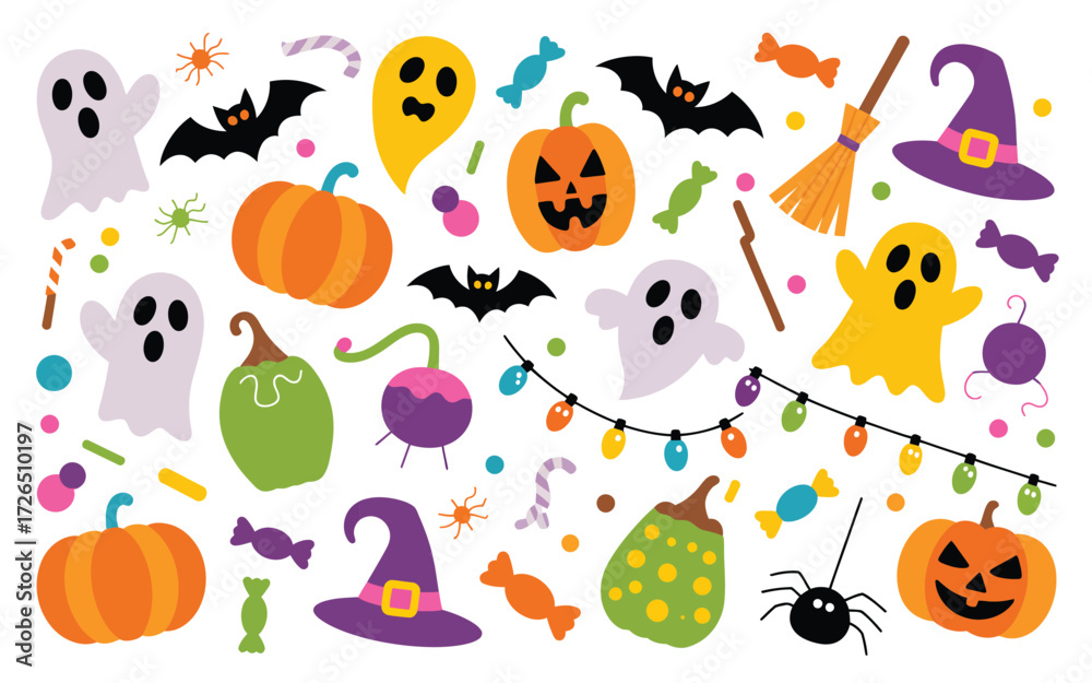 Naklejka premium Cute halloween characters and decorations collection with ghosts pumpkins bats and candy
