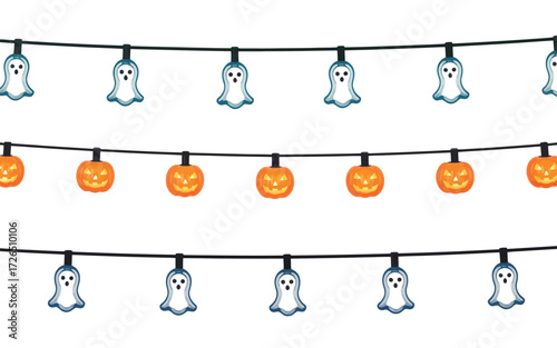 Spooky halloween string lights featuring ghosts and pumpkins on white background