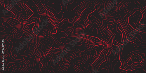 Geographic abstract mapping artwork red contour lines topographic map black background ultra wide panoramic terrain path cartography illustration vector artwork
