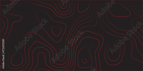 Abstract topographic contour line artwork red on black background ultra wide panoramic terrain path mapping modern cartography illustration vector design for decoration
