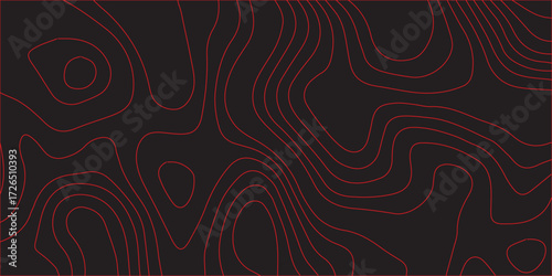 Ultra wide black background abstract red topographic contour lines terrain path mapping modern cartography design geographic scheme vector illustration decorative artwork
