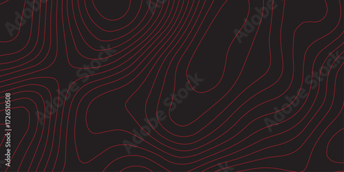 Ultra wide panoramic abstract topographic map red contour lines on black background geographic terrain path mapping modern cartography illustration vector artwork decorative backgrounds
