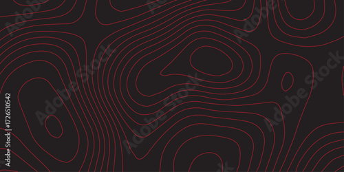 Abstract topographic map contour illustration red lines on black background terrain path mapping geographic scheme modern cartography artwork ultra wide vector design for landscapes and decoration
