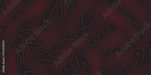Ultra wide panoramic abstract cartography illustration with red contour lines on black background topographic map artwork detailed terrain path design conceptual geographic elevation mapping design