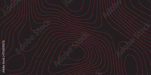 Ultra wide panoramic abstract cartography illustration with red contour lines on black background topographic map artwork detailed terrain path design conceptual geographic elevation mapping design