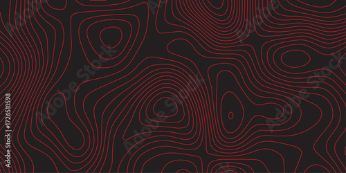 Ultra wide panoramic abstract cartography illustration with red contour lines on black background topographic map artwork detailed terrain path design conceptual geographic elevation mapping design