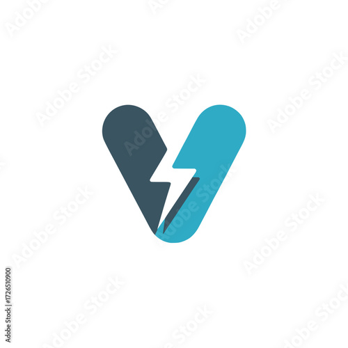Letter V icon with lightning bolt and motion lines, Modern letter V graphic split with a blue lightning bolt and motion lines, symbolizing speed, energy, technology, and power.

