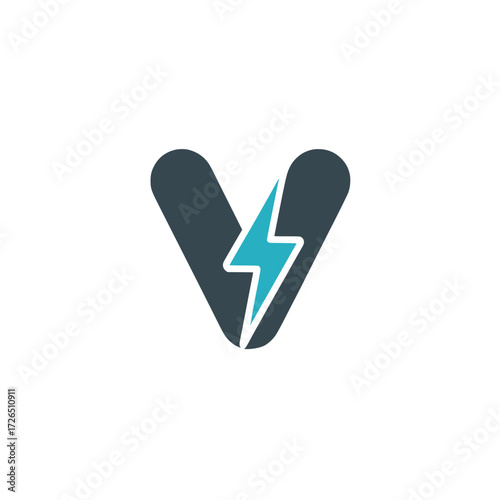 Letter V icon with lightning bolt and motion lines, Modern letter V graphic split with a blue lightning bolt and motion lines, symbolizing speed, energy, technology, and power.

