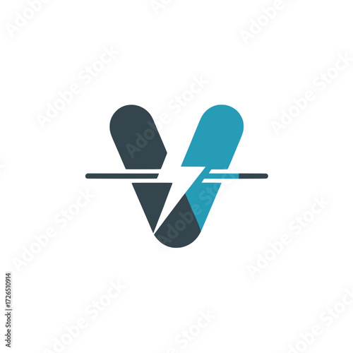Letter V icon with lightning bolt and motion lines, Modern letter V graphic split with a blue lightning bolt and motion lines, symbolizing speed, energy, technology, and power.

