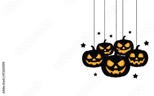 Spooky halloween jack o lanterns hanging with stars on white background