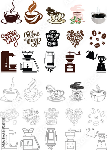 Coffee cup icon set. Cups of coffee tea collection. Hot drink icon. Disposable cup. Cup coffe with steam. Flat. Coffee cup silhouette, Coffee and tea cups silhouette, Teacup silhouette, Ceramic cups 