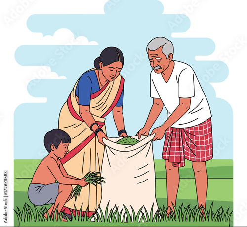 Generations working together harvesting crops in a sunny rural field
