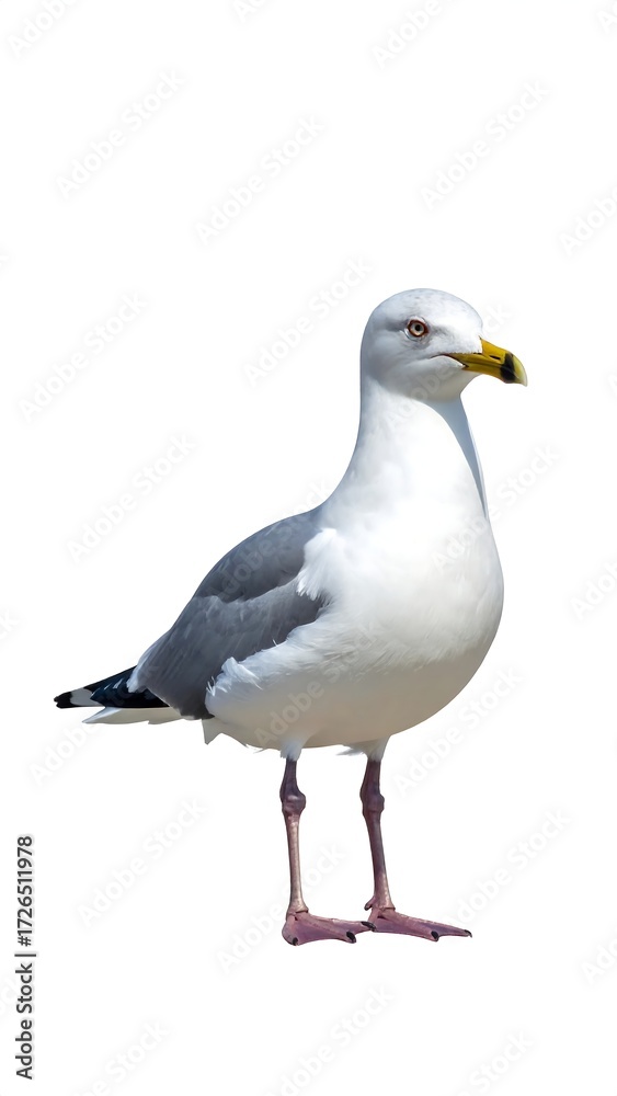 Naklejka premium A seagull stands on a white background, facing right. Its plumage is mainly white with grey on its wings and back