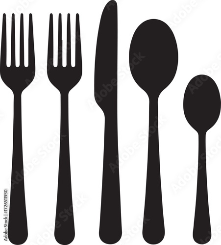 Black silverware cutlery set on white background minimalist design concept