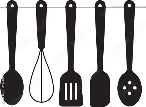Kitchen Utensils Hanging Black and White Minimalist Cooking Tools Design