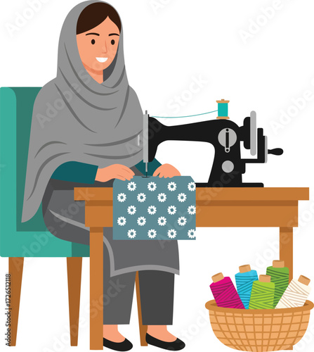 Woman wearing hijab sewing fabric on vintage sewing machine at wooden table