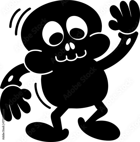 Playful cartoon skeleton dances joyfully, with exaggerated features and whimsical pose, conveying sense of fun and liveliness. simple black and white design adds to its charm