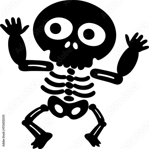 Playful cartoon skeleton with large eyes and raised arms appears to be dancing joyfully. simple, monochrome design adds whimsical touch to image