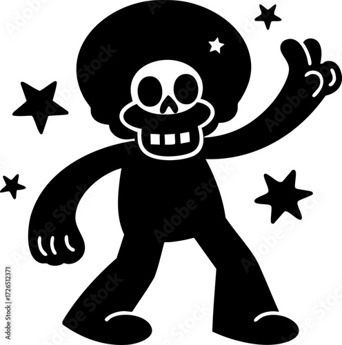 Cartoon skeleton with afro hairstyle is dancing joyfully, surrounded by stars, creating playful and lively atmosphere. illustration is in monochrome style