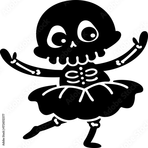 Cute cartoon skeleton is joyfully dancing in tutu, showcasing playful and whimsical expression. illustration is simple and monochrome, emphasizing skeleton lively pose and cheerful demeanor
