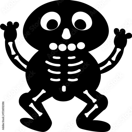 Playful skeleton illustration with round skull and raised arms, showcasing whimsical and fun design. skeleton simple lines and shapes create cartoonish and lively appearance