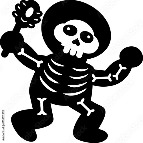 Playful skeleton illustration features cartoonish skeleton holding flower, with exaggerated features and whimsical pose, evoking sense of fun and celebration