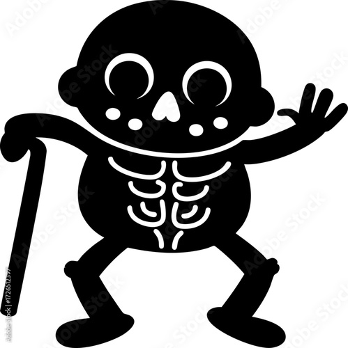 Cartoon skeleton with playful pose and cane, featuring exaggerated features and whimsical expression, evokes sense of fun and humor