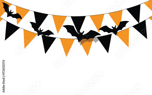 Halloween bunting with black bats and orange and black flags