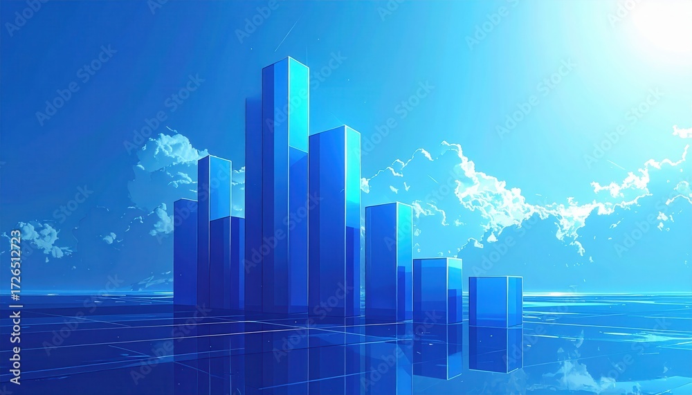 Obraz premium A digital illustration showcases a series of vibrant, translucent blue rectangular forms rising against a serene sky, suggesting growth or progress.