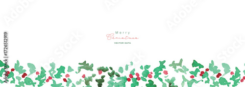 水彩画。水彩タッチの12月のクリスマスリース。ヒイラギのクリスマスベクターイラスト。