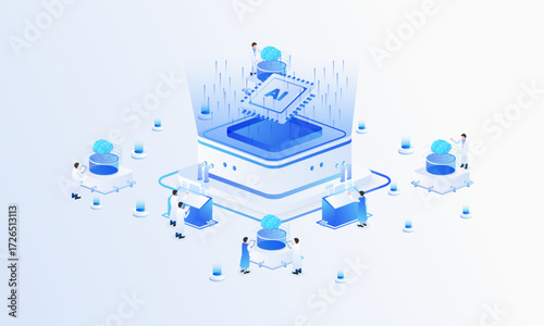 Artificial intelligence chip isometric vector illustration. Ai Chip lab development technology concept, computer electronics and AI systems.