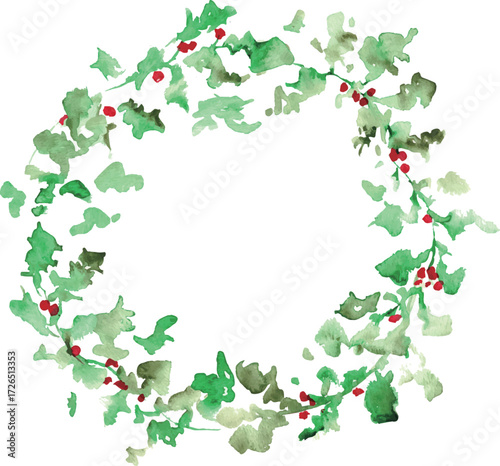 水彩画。水彩タッチの12月のクリスマスリース。ヒイラギのクリスマスベクターイラスト。
