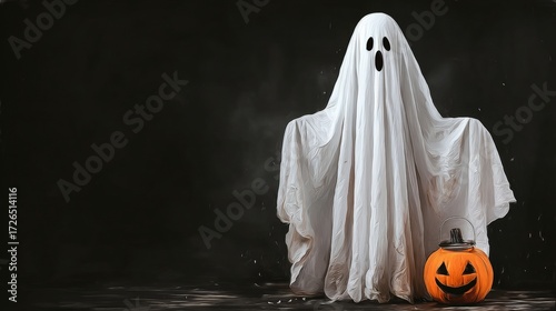 A scared ghost figure stands behind a bright orange pumpkin on a dark background, creating a spooky Halloween scene with eerie lighting.