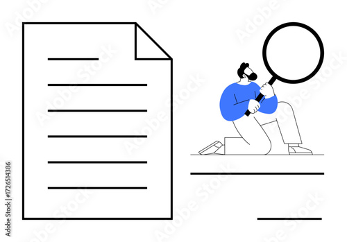 Man kneeling with magnifying glass inspecting large document. Ideal for research, analysis, scrutiny, quality control, auditing, documentation, and investigation concepts in simple flat metaphor