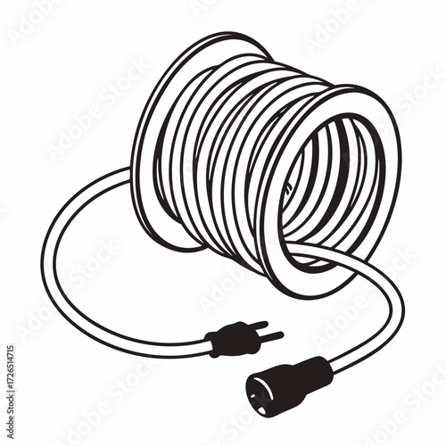 Electric extension cord reel on white background with plugged ends  