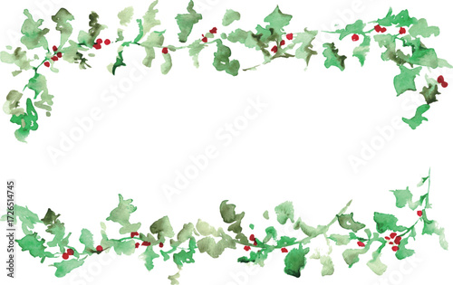 水彩画。水彩タッチの12月のクリスマスリース。ヒイラギのクリスマスベクターイラスト。