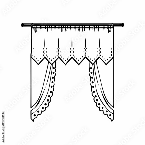 Eyelet curtain with decorative scalloped edges on white background  