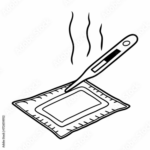 Heat patch with thermometer and steam on white background  
