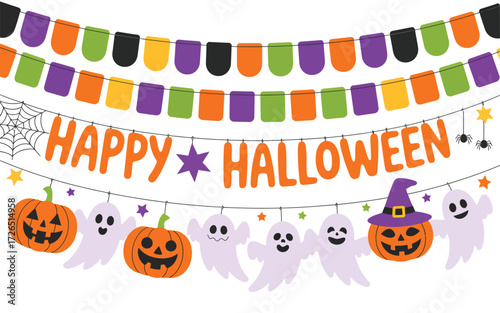 Happy halloween banner with pumpkins ghosts and festive decorations