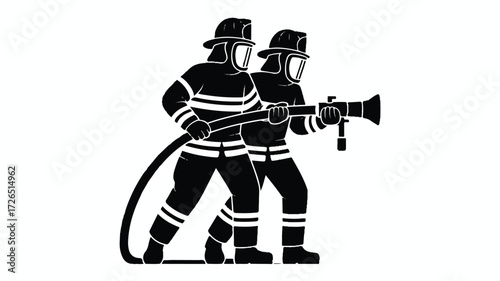 A black and white silhouette illustration of two firefighters in protective gear