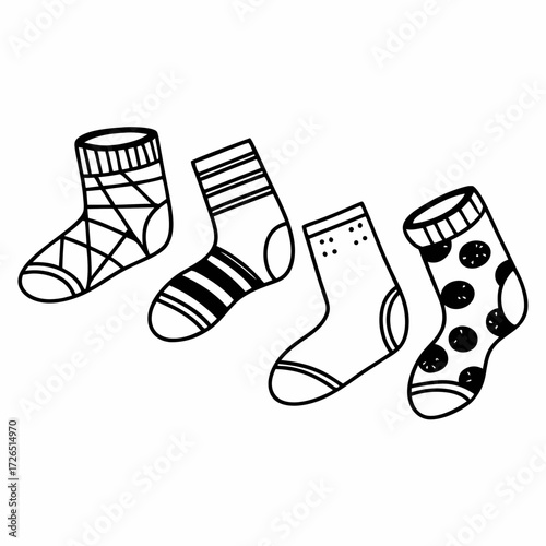 Colorful sock illustrations featuring various patterns and designs  