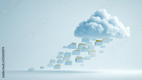 Abstract representation of cloud migration with folders leaving a cloud, symbolizing data transfer and organization in a digital environment